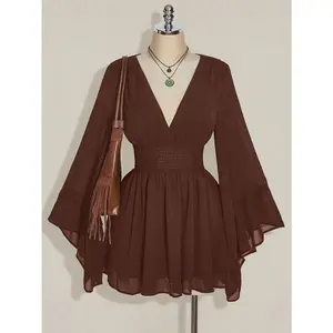 Plus Size V-Neck Ruched Waist A-Line Dress With Flare Sleeves, Boho, Hippie, Y2K Style, Suitable For Autumn, Nomadic Vibe, Autumn Vacation, Music Festivals, Graduation & Back To School Season,Fall Clothes For Women Can be used with raincoat