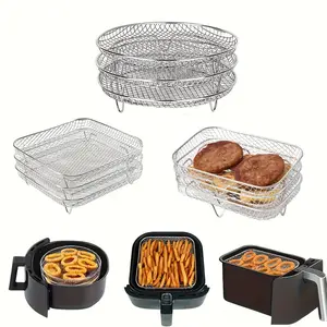 3pcs Air FryerGrilling Rack, Stackable Toast Steamer Rack, Stainless Steel Double Layer Skewer Rack, Stainless Steel Grilling Net Rack, Multi-layer Air Fryer Rack, Stackable Steamer Tray