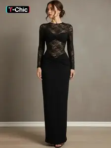 Elegant Long Sleeve Lace Dress, Women's Fashionable Evening Gown Formal Wear, Perfect for Parties and Special Occasions, Comfortable and Stylish