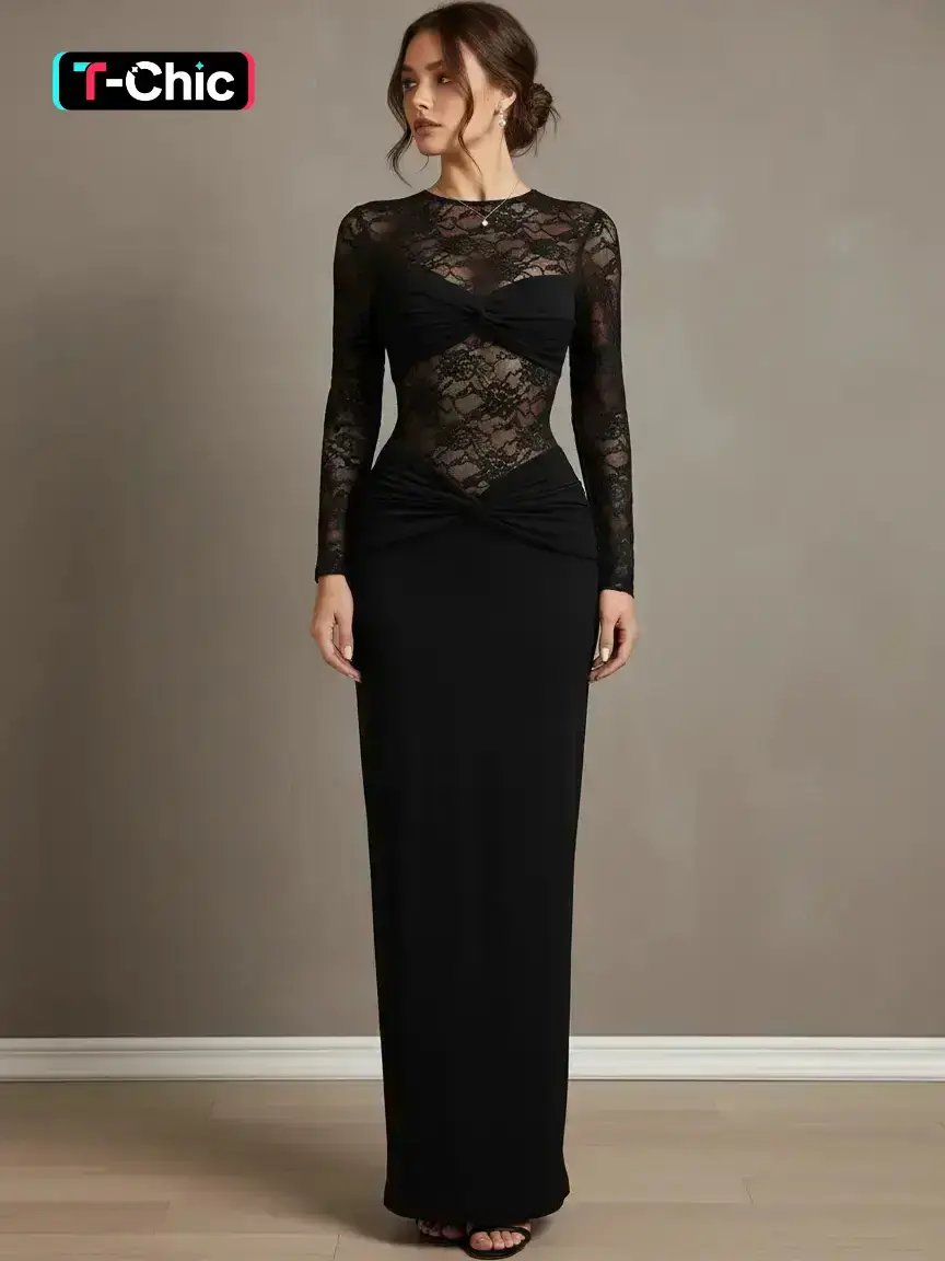 Elegant Long Sleeve Lace Dress, Women's Fashionable Evening Gown Formal Wear, Perfect for Parties and Special Occasions, Comfortable and Stylish
