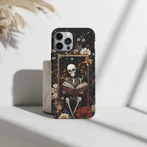 This Tarot card gothic-style phone case features a skull and floral pattern. It's durable, shock-absorbing, and has a glossy finish. Compatible with iPhone 17, 16, 15, 14, 13, 12, 11, X, and Samsung models. A perfect holiday gift for friends or family.