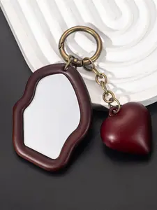INS Retro Stylish Keychain, Fashion Asymmetrical Makeup Mirror Accessory, Heart Shaped Key Ring Bag Car Hanging Ornament, All Seasons