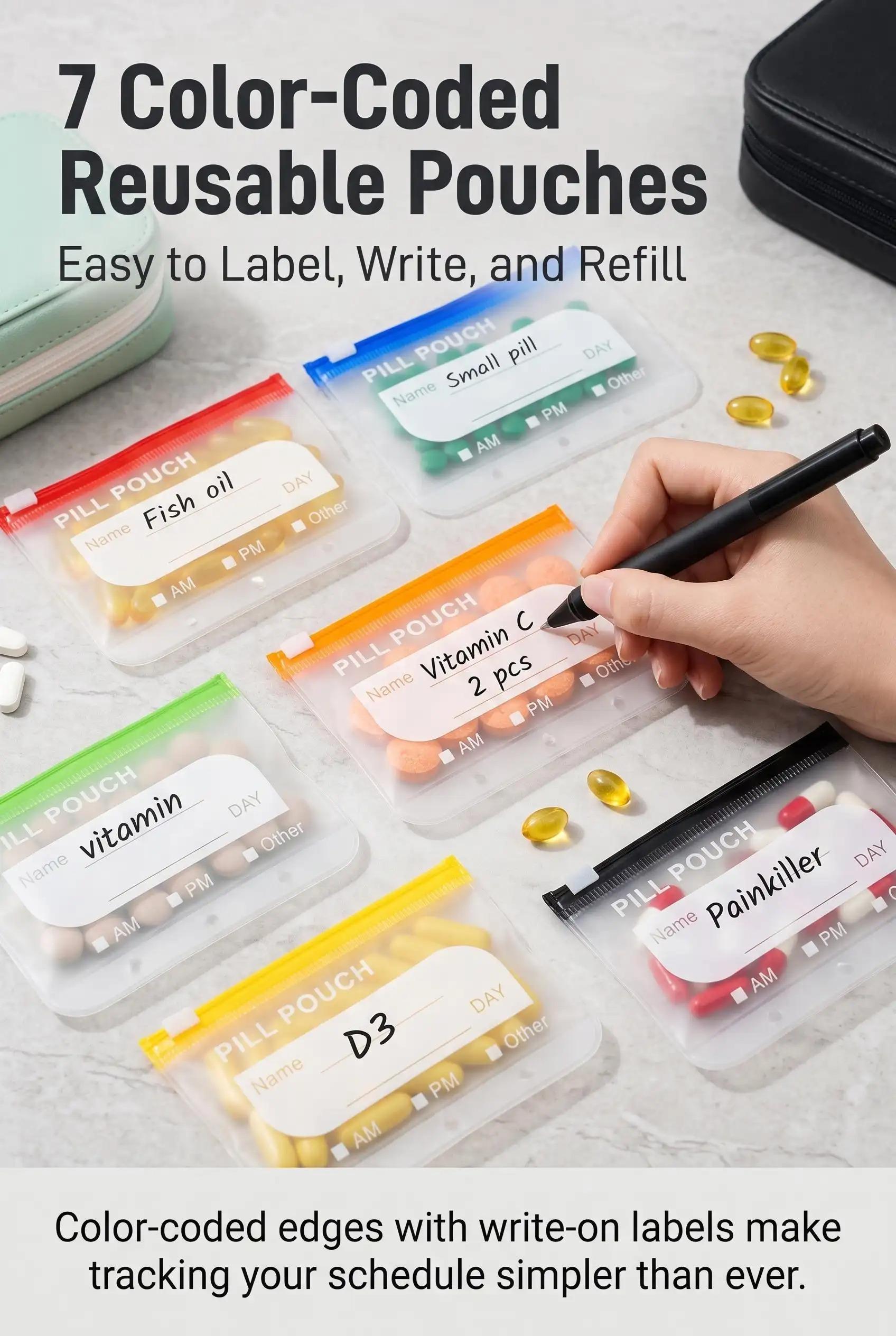 Waterproof Pill Pouch Set, 14pcs Bags Inside, A8 Waterproof Pill Organizer Set, 7 to 14 Days of Meds,Zippered Pill Storage for Fish Oils, Vitamins, Reusable Pocket Pharmacy with Color-Coded Labels dealsforyou, summerwins