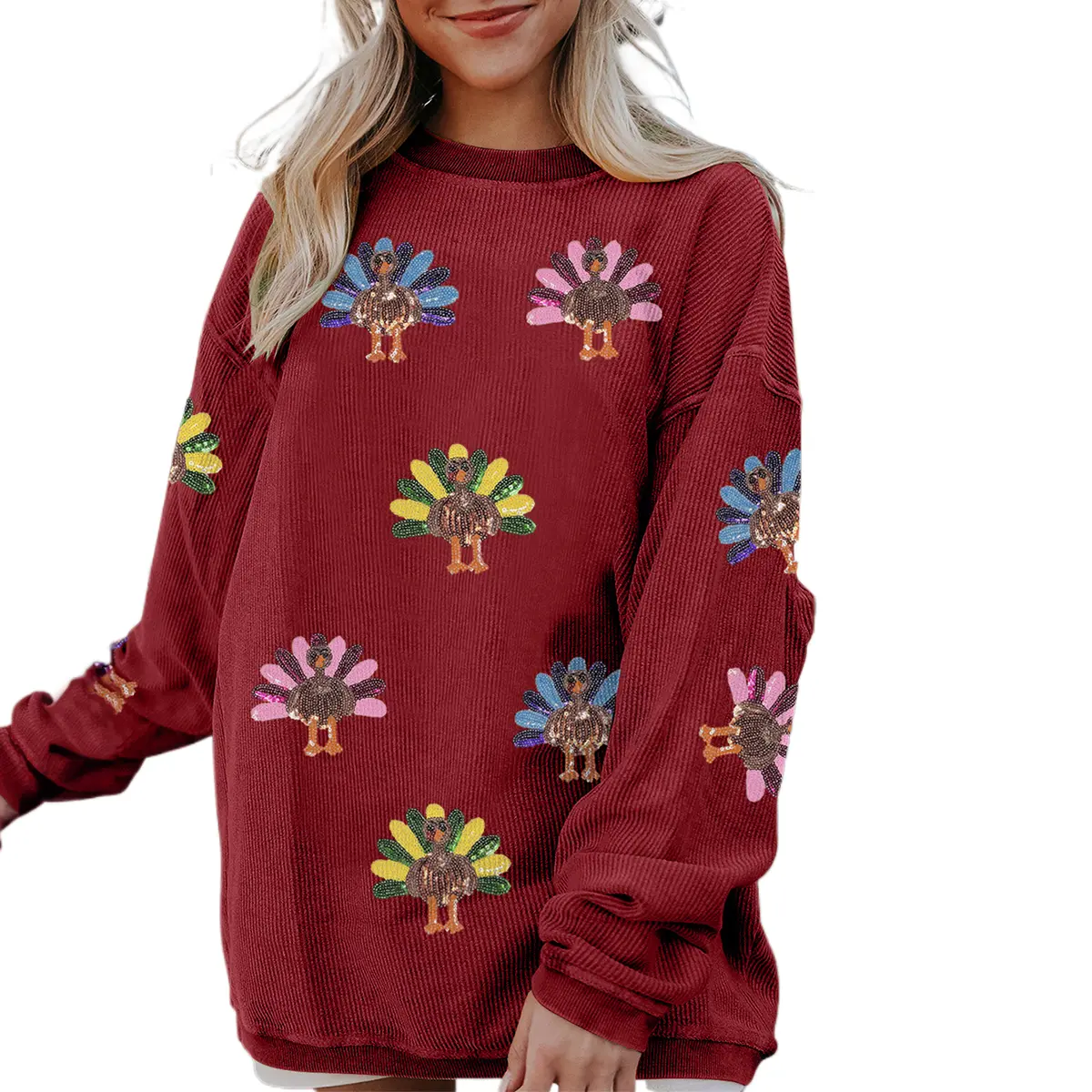MULLVEIG Women's Thanksgiving Outfit Turkey Sequins Corded Baggy Sweatshirt Long Sleeve Crew Neck Winter Holiday Casual Pullover Tops Womenswear Everyday