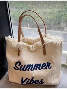 Fashion Simple Casual Letter Embroidery Tassel Decoration Shopping Bag for Girls Teenagers Women Lightweight Large Capacity Portable for Work School Vacation