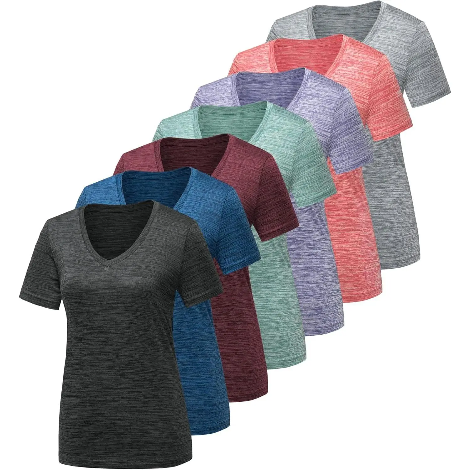 Female V-Neck Athletic T-Shirts (5-7 Pack) - Moisture-Wicking, Quick Dry, UV-Safe Outdoors Tops with UV Protection for Running, Climbing, Gym Training - Gym Clothes Workout