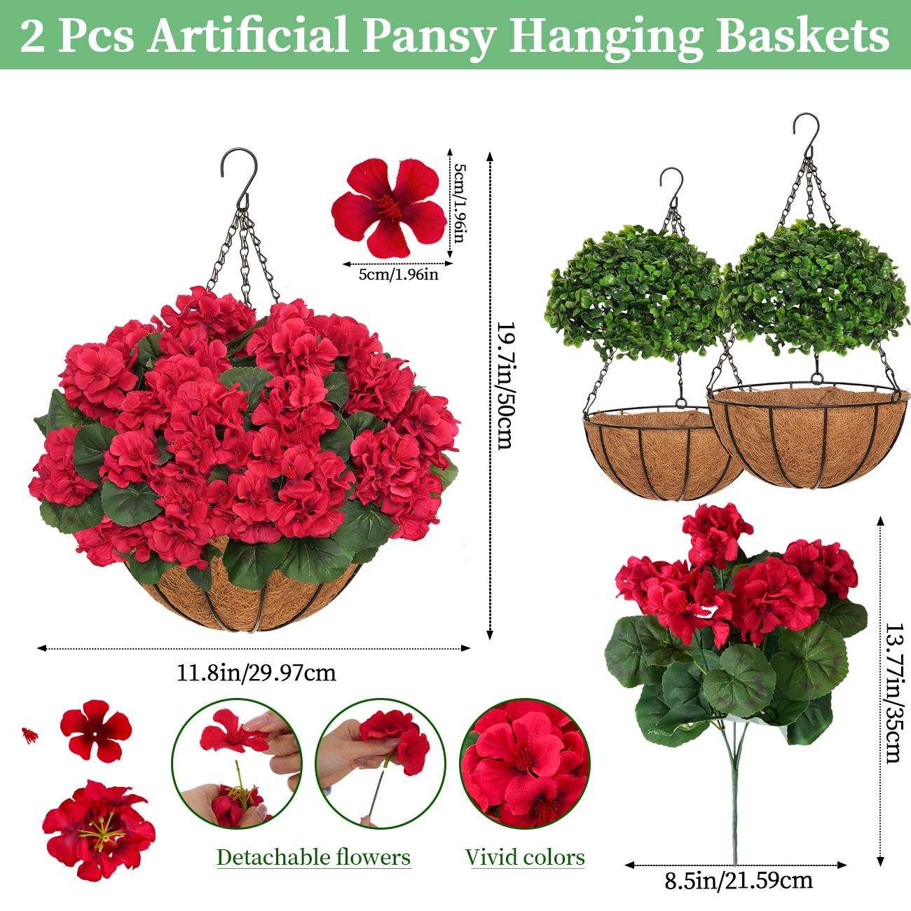 2pcs Artificial Geraniums with Hanging Baskets, 12 Bundles UV Resistant Artificial Outdoor Plants, Fake Red Flowers for Spring Front Porch Home Patio Balcony Yard Decor