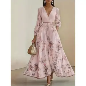 Elegant Olive Green V-Neck A-Line Formal Maxi Dress with Floral Lace Appliqu¨¦, Ruffled Bodice & Slit Hem - Machine Washable Women's Wedding, Party & Evening Gown, Wedding Dresses, Wedding Guest Attire, Vneck Design, Pleated Skirt Style