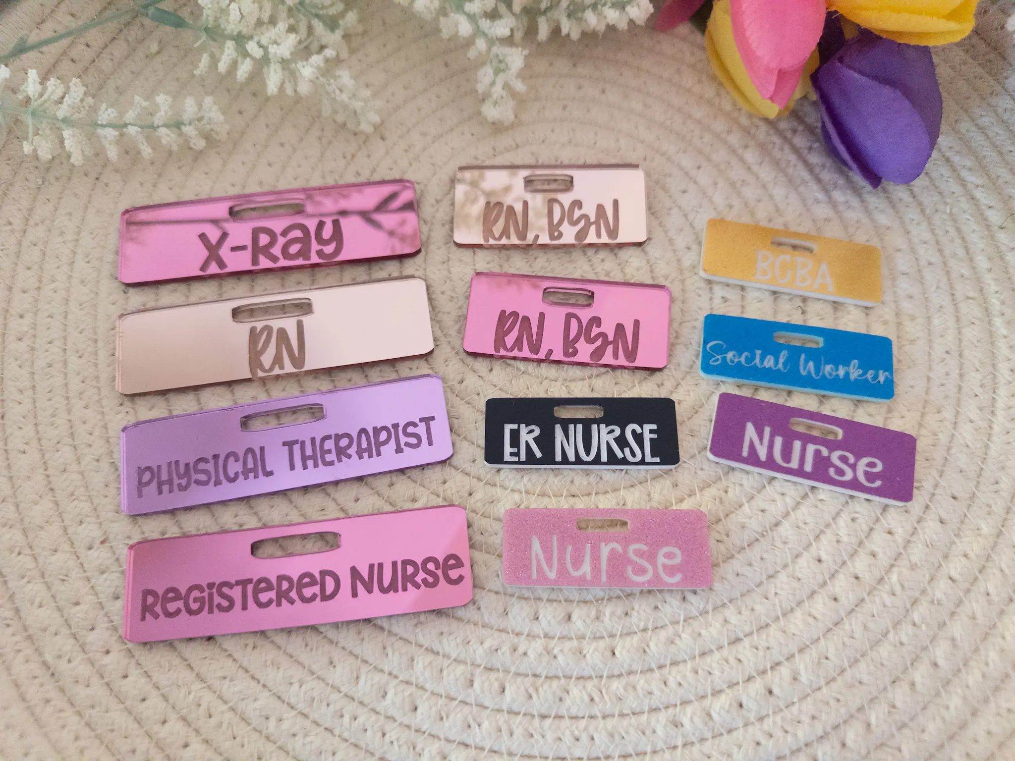 Custom Mini Acrylic Badge Buddy: Engraved ID Tag, Nurse accessory, Therapist Accessory