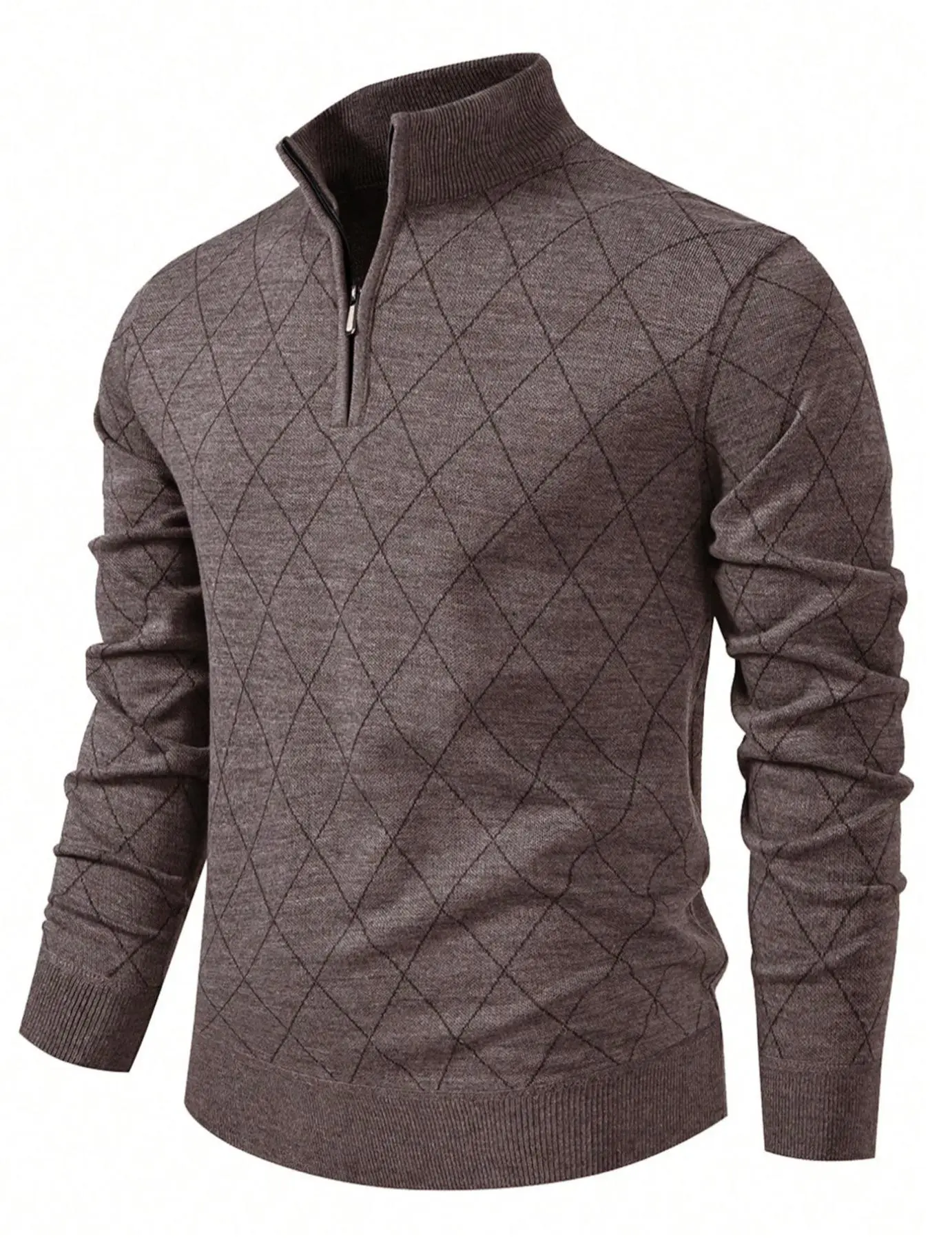 Men's Casual Thin Half-Zip Knit Sweater, Long Sleeve Fitted Pullover, Argyle Pattern, Fall & Winter Fashion, Daily Wear, Knitted Pullover