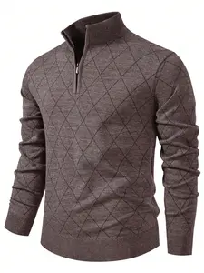 Men's Casual Thin Half-Zip Knit Sweater, Long Sleeve Fitted Pullover, Argyle Pattern, Fall & Winter Fashion, Daily Wear, Knitted Pullover