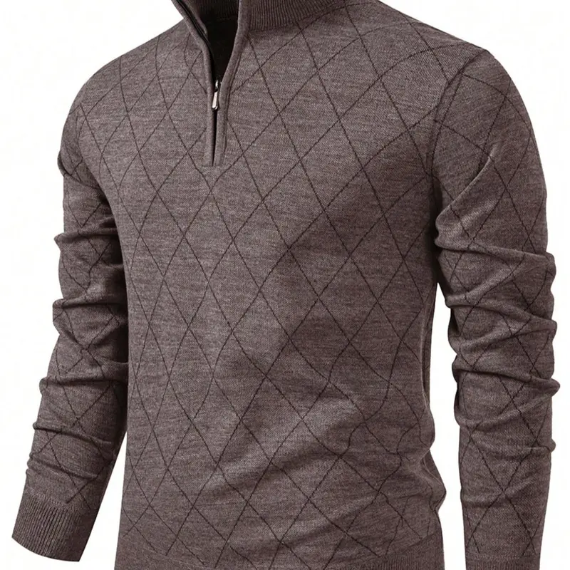 Men's Casual Thin Half-Zip Knit Sweater, Long Sleeve Fitted Pullover, Argyle Pattern, Fall & Winter Fashion, Daily Wear, Knitted Pullover