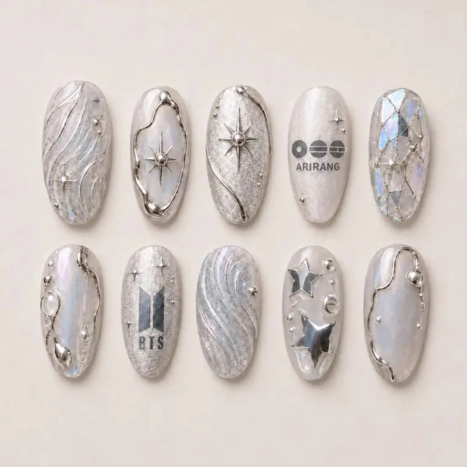 Silver Arirang Press On Nails | Pearl Chrome Kpop Concert Nails | Iridescent Star 3D Gel Fake Nails | Luxury Handmade Nail Set