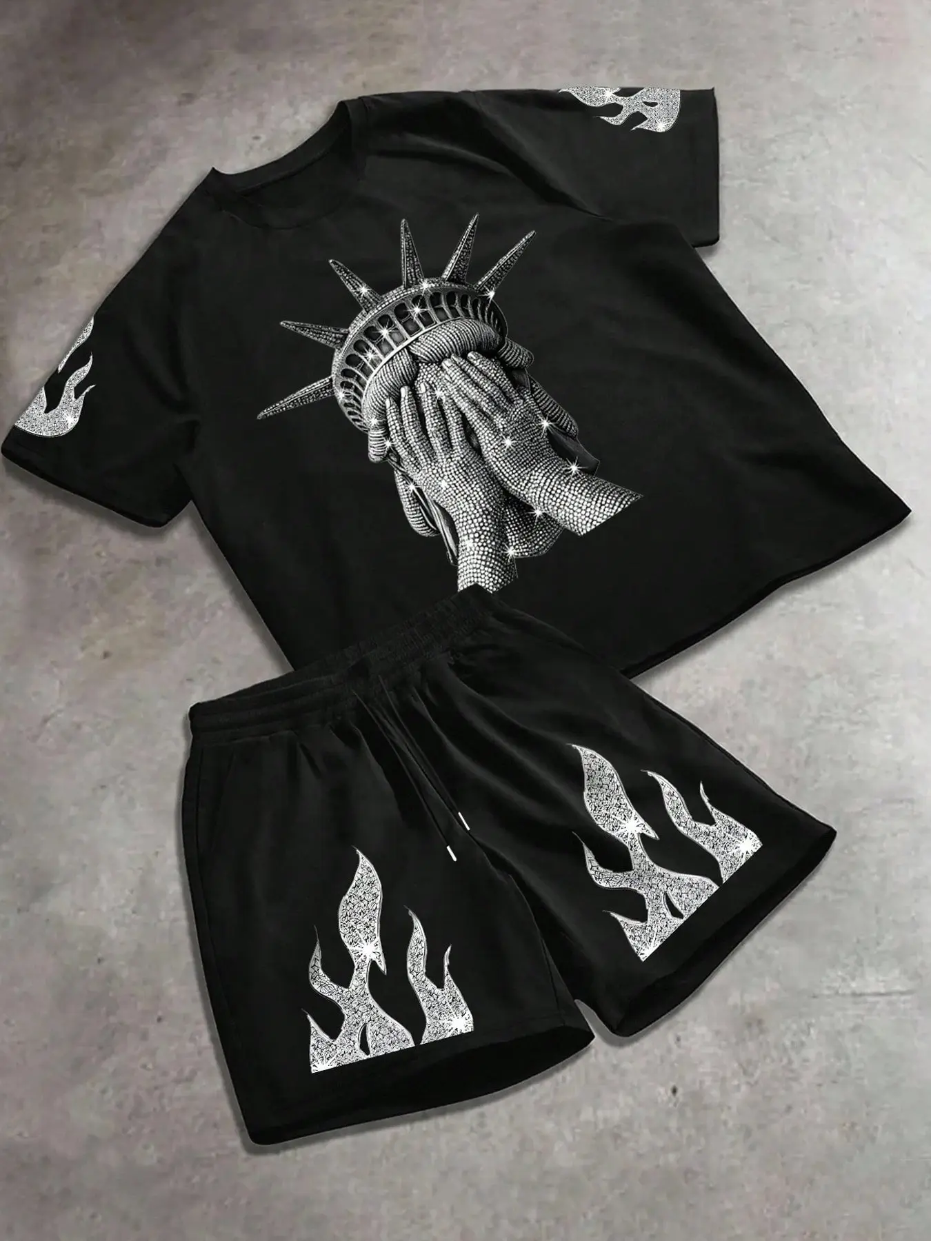 Men's Two-Piece Set, Crying Statue Graphic Print Fitted Tee + Flame Print Shorts, Y2K Street Style, Summer Skateboarding & Casual Wear