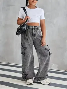 Teen Girls' Star Decorated Loose-Fit Denim Jeans, Casual Comfy Jeans, Adjustable Elastic Waistband, Comfortable All-Season Fashion Pants, Elastic Waisted Pants