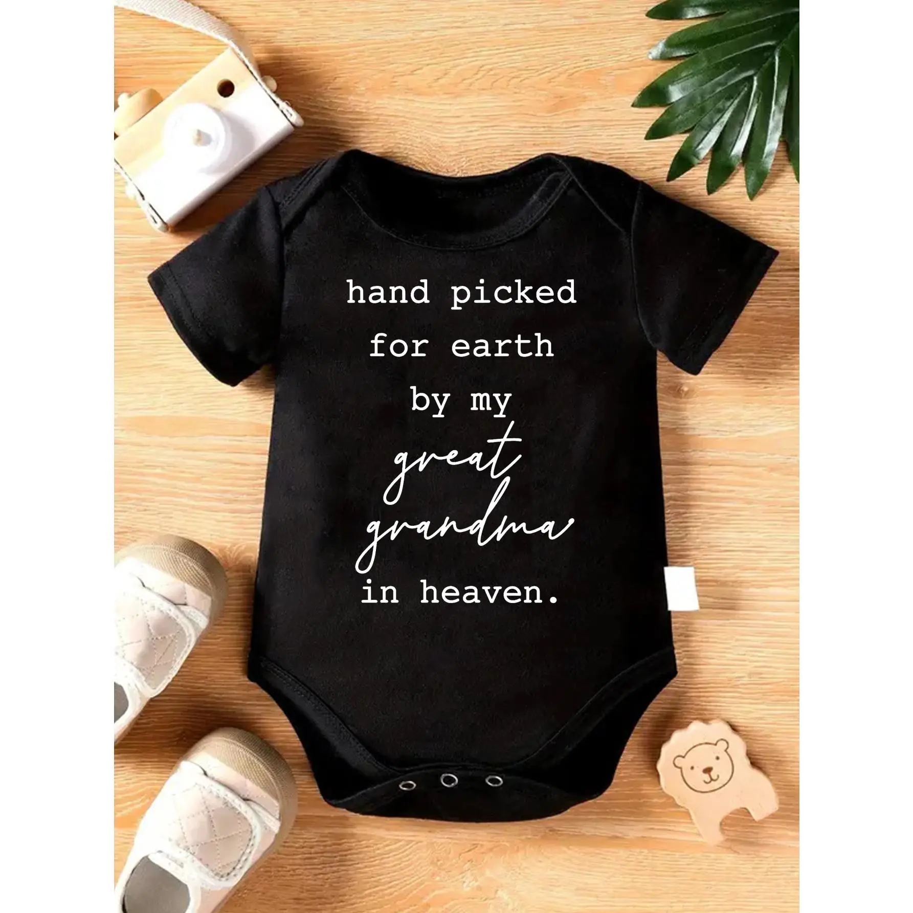 Baby Bodysuit for Baby Items - Soft Knitted Fabric, Round Neck, Button Detail, Regular Fit, All-Season Versatile Onesie with "Hand Picked For Earth By My Great Grandma In Heaven" Print, Baby Clothes