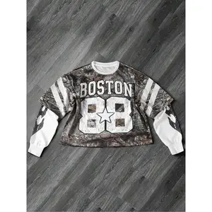 Unisex crewneck sweatshirt with patchwork branch design, casual sporty style, streetwear vintage simple school fashion