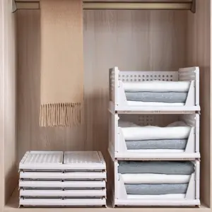 4-Pack Stackable Foldable Clothing Storage Box - Drawer-style closet organizer with plastic baffles, multi-layer cushions for bathroom/bedroom/office organization (white/light white)