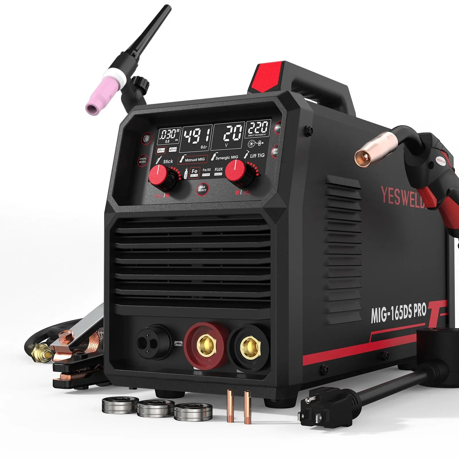 YESWELDER 165Amp 110/220V Gas Gasless MIG Welder MIG-165DS-PRO | Flux Core/MIG/Lift TIG/Stick 4-in-1 Welding Machine | Digital Display & Synergic Control YESWELDER 165Amp 110/220V Gas Gasless MIG Welder MIG-165DS-PRO | Flux Core/MIG/Lift TIG/Stick 4-in-1 Welding Machine | Digital Display & Synergic Control