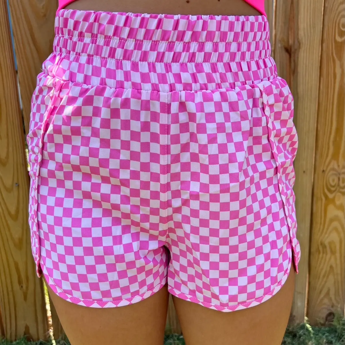 Pink Checkered High Waisted Athletic Shorts