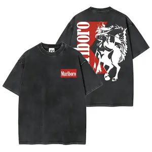 [100% Cotton] [Made in the USA] Washed vintage Marlboro denim hooded sweatshirt, Bohemian Western style, unisex printed pullover, comfortable everyday cotton men's wear, a perfect gift for men.