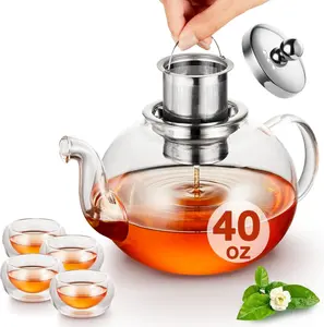 (40 OZ/1200ml) TeaPot with 4 Double Wall Teacups & Removable Stainless Steel Infuser, Large Glass Teapot Set, Stovetop Safe Tea Kettle