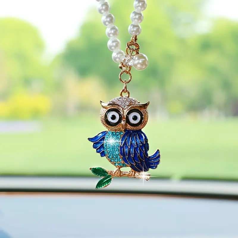 Cute Cartoon Owl Car Hanging Ornament, Sparkling Diamond Design Rearview Mirror Decoration, Auto Interior Accessories, Car Decorations Interior, Car Accessory for Women & Kids