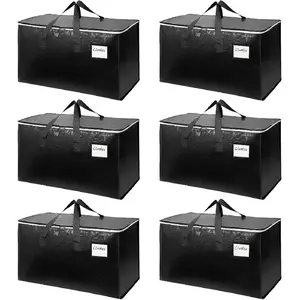 6-Pack Extra-Large Heavy-Duty Moving Bags with Reinforced Handles, Durable Zippers & Waterproof Material - for Space-Saving, Storage, Shipping and Travel (Black)