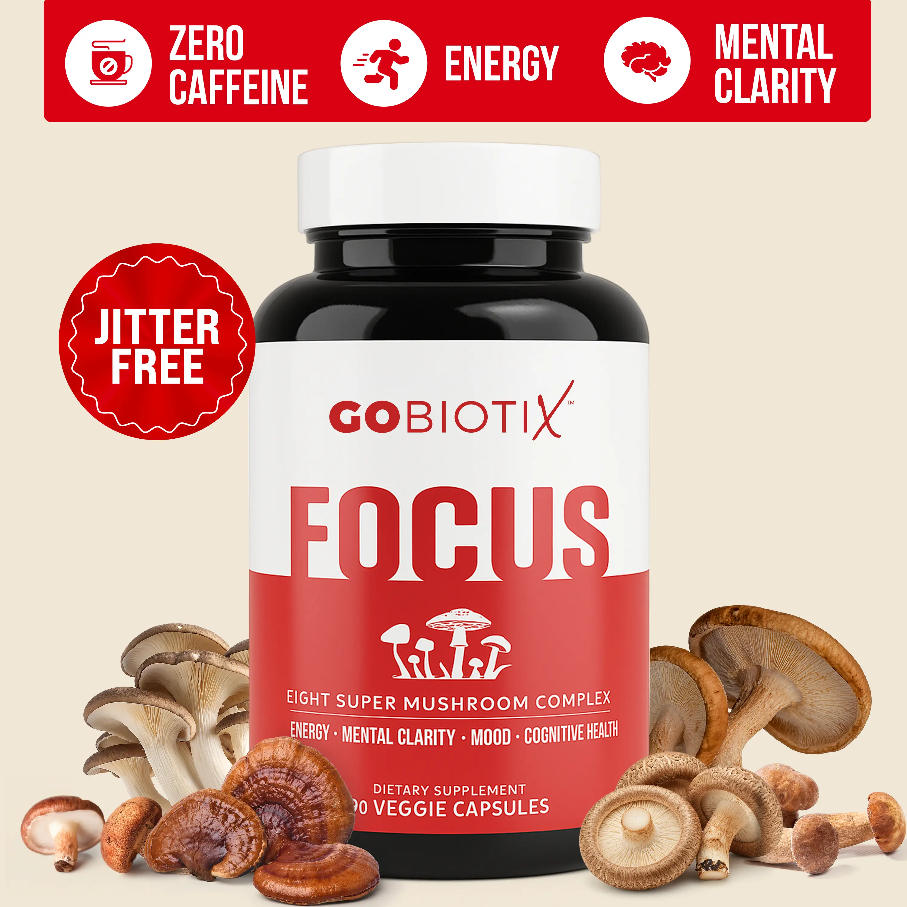 GoBiotix Focus Mushroom Complex – Nootropic Brain Booster with Lion’s Mane, Reishi, Chaga, Cordyceps & More – Boost Memory, Focus, Energy & Immunity –
