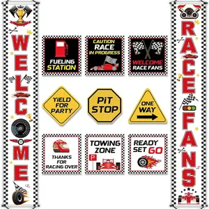 Race Car Birthday Party Banner Checkered Flags 9 Cars Party Signs for Car Birthday Party Decoration Set Racing Fans Welcome Porch Sign for Boys Let's Go Racing Party Supplies for Kids Race Fans Yard Sign Banner