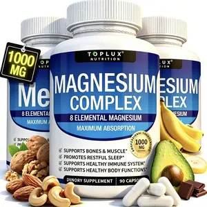（Flash Sale 3 bottles） TopLux Nutrition Magnesium Complex 1000mg 90 Capsules 7 Elemental Sources Men Women Bone Muscle Sleep Immune Support Nature Decent Fitness Dietary Supplement Malate Taurate Chelated for