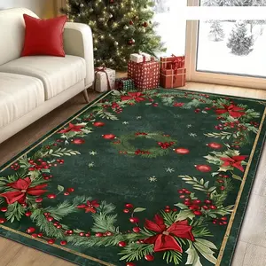 Modern Christmas Holly Pattern Mat Indoor Mat Christmas Decoration Non-Slip Backing and Machine Washable Suitable for Living Room Dining Room Bedroom Office Room Decoration Home Decoration Ultra Soft Digital Printing All-Season Use Christmas Gift