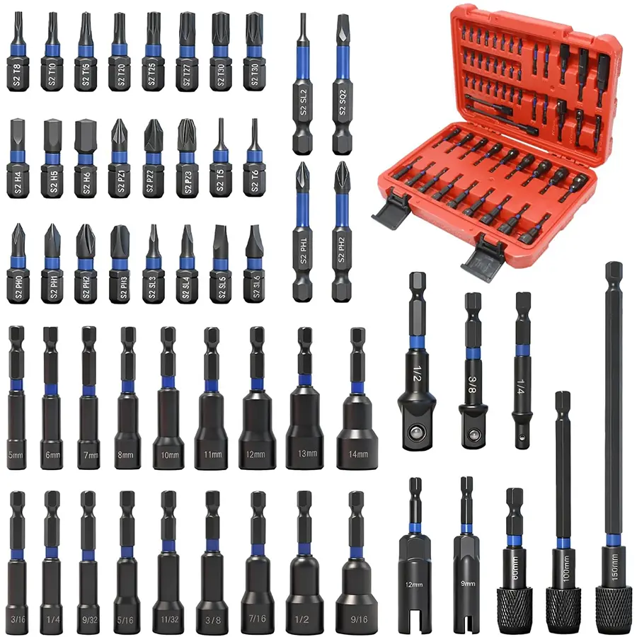 54PCS Magnetic Nut Driver Set, Impact Drill Driver Bit 1/4", Metric & SAE Nut Drivers for Impact Drill, Socket Adapters, Screwdriver Bit, Quick-Release Extension, Wing Nut Driver, Storage Box