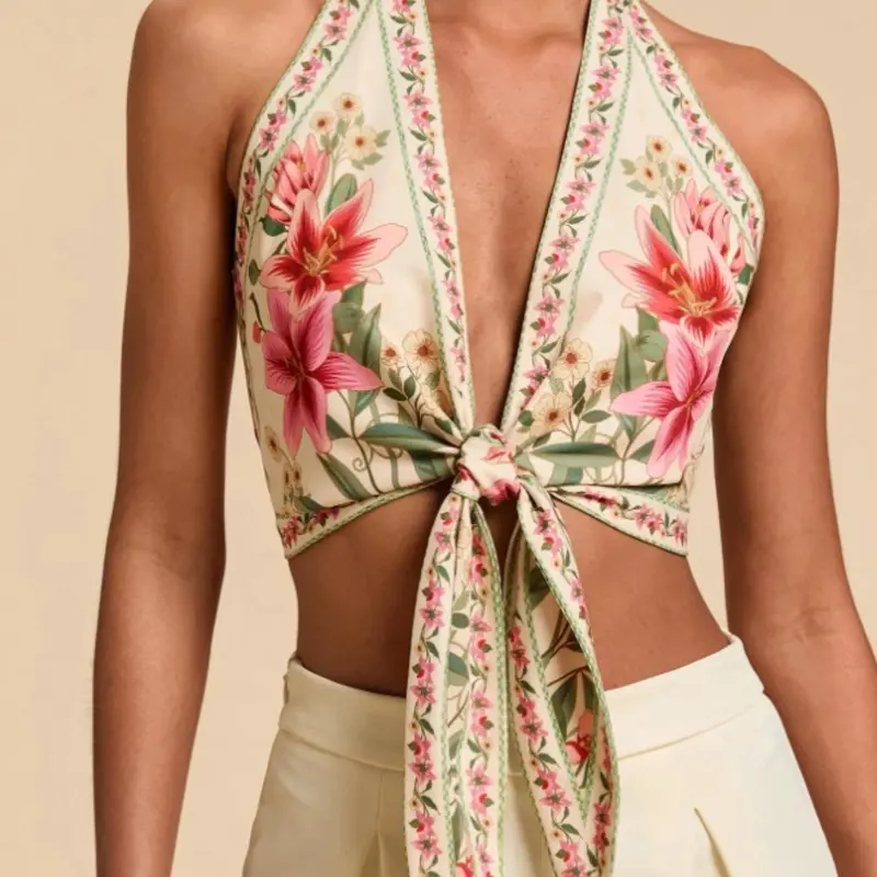 Women's Fashion Casual Floral Print Halter Neck Tank Top, Elegant Fitted Adjustable Sleeveless Top for Daily, Outdoor & Beach Wear, Women's Clothing for Summer, Womenswear, Boho Sleeveless Tie