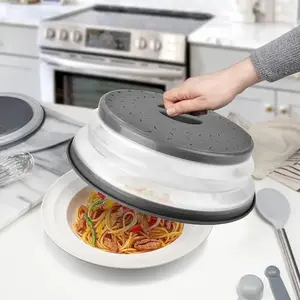 Upgrade Collapsible Microwave Lid 10.5 Inches Vented Folding Plate Cover Grey Silicone Handle BPA Free PP Material Multifunctional Kitchen Tool for Easy Heating and Produce Cleaning Hanging Utensils