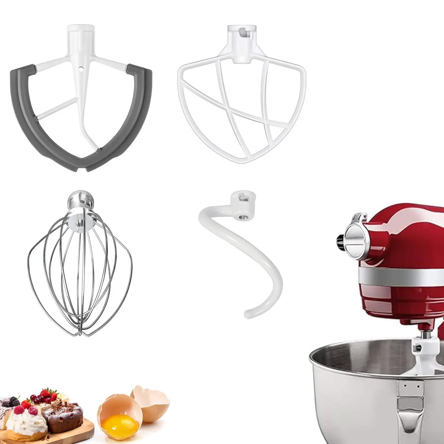 Stand Mixer Accessories for KitchenAid, 5.5/6 Quart Stainless Steel Wire Whip, Coated Hook, Flat Coated Beater & Flex Edge Beater for KitchenAid Bowl-