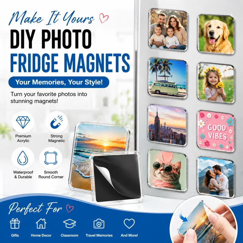 2 in Transparent Acrylic Magnetic Picture Frame Set - 10/20 Pack DIY Craft Kit with Round-Edge Square Design, Photo Magnets, Self-Adhesive Backing, Stickers for All Age Groups, Decoration, Classroom Decor, Refrigerator Accents