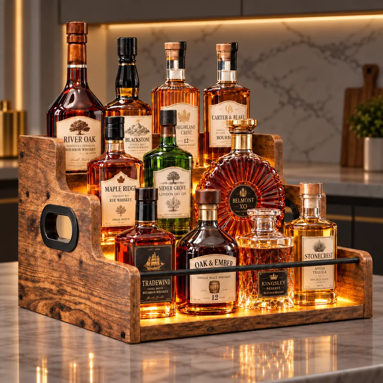Rustic Brown 3-Step Wooden Countertop Bar Shelf, Removable LED-Lit Liquor Wine Glass Rack, Multi-Purpose Retro Organizer for Whiskey Spirits, Coffee Syrup Bottles & Kitchen Counter Metal Utensils Storage