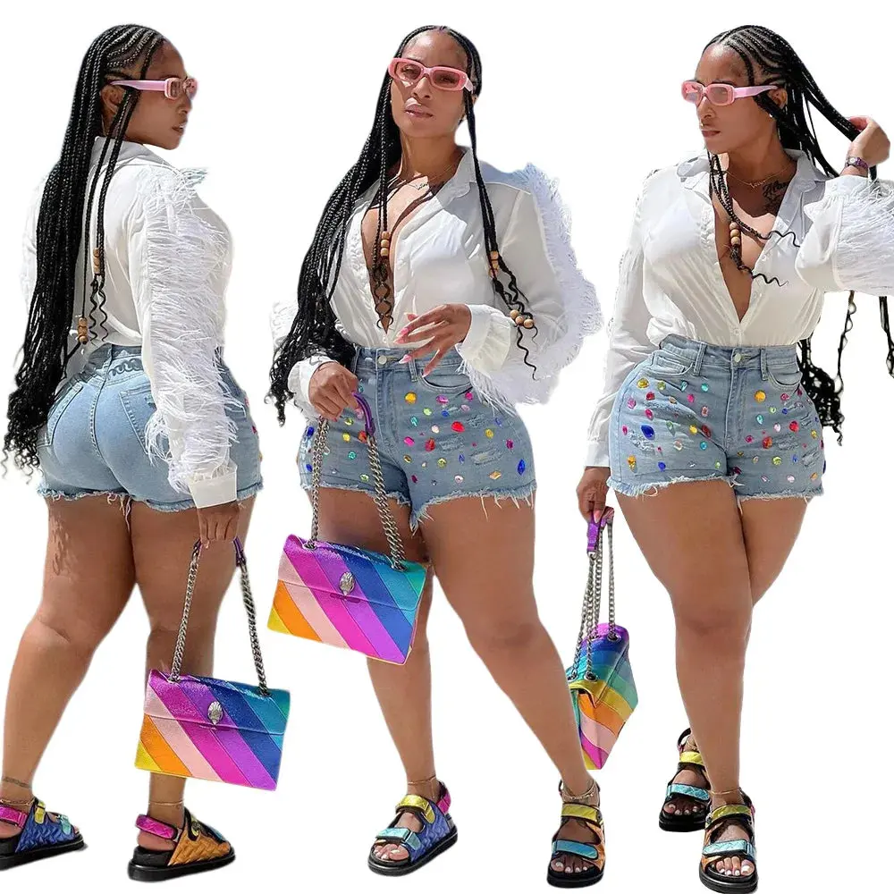 Sexy Tassel Colored Diamonds Casual Jeans Shorts