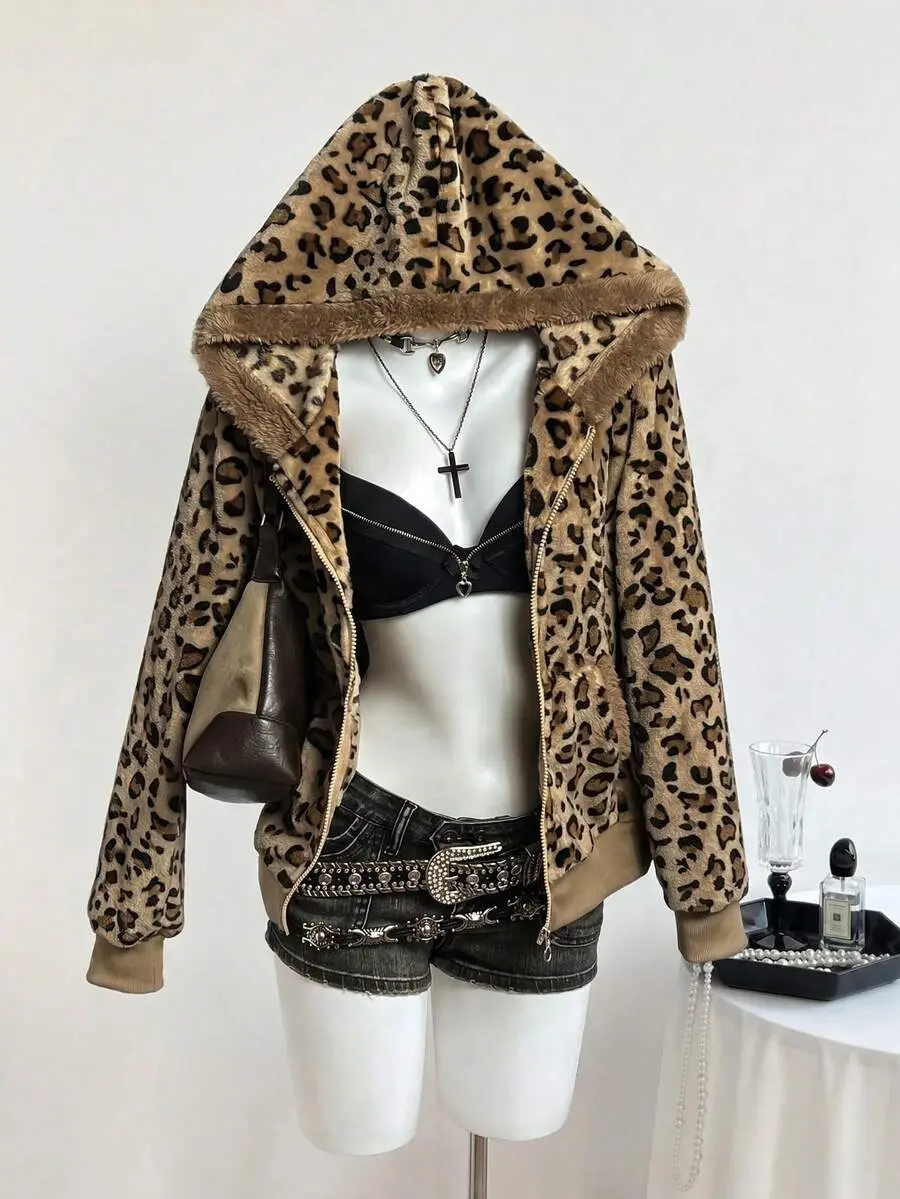 Women's Leopard Print Hooded Jacket, Thermal Lined Flannel Sweatshirt, Y2K Grunge Fall Casual Top