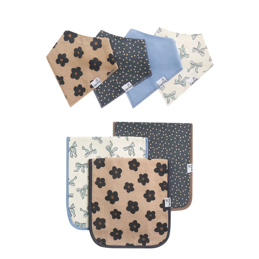 Copper Pearl Premium Bib & Burp Cloth Bundle - Gemma in Tan | 4 Bandana Bibs + 3 Burp Cloths | Matching Baby Feeding Essentials