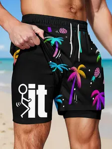 Men's Tropical Palm Pineapple Print 2-In-1 Compression Gym Shorts, Quick-Dry Fun Slogan Workout Training Shorts, Funny Casual Running Shorts