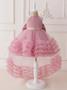 Sequin Pink Baby Girl Clothes Big Bow Infant Christening Cocktail Toddler Baptism Pageant Birthday Party Ball Gown Princess Trailing Dress for all Season 6 Months to 3 Years