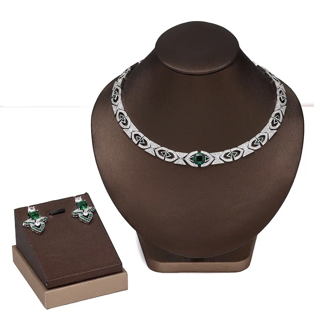 Art Deco Vintage Green Emerald CZ Choker Necklace Drop Earrings Set, Geometric Retro Luxury Formal Jewelry for Wedding Banquet Women