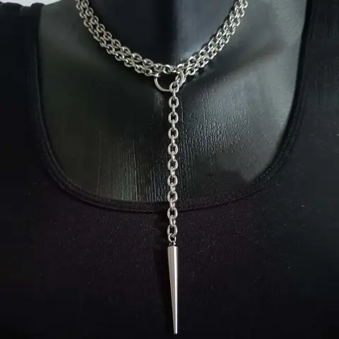 1PC Silver Drop Spike Lariat Cuban Link Chain Necklace - Edgy Stainless Steel Unisex Chunky Jewelry, Adjustable O-Ring Heart Choker, Geometric Festival Accessory, Ideal Birthday Gift