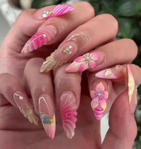 Elegant Pink And Nude Floral Press On Nails, Long Stiletto Nails With 3D Shell And Crystal Accents, Stunning Ombre Fake Nails For Spring