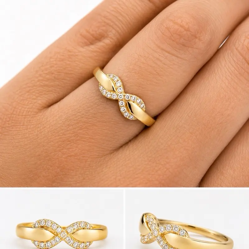Minimalist Romantic 14k Italian Gold Infinity Ring with Border-Set Cubic Zirconias, Adjustable Couples Ring for Everyday Wear & Casual Use, Size 7