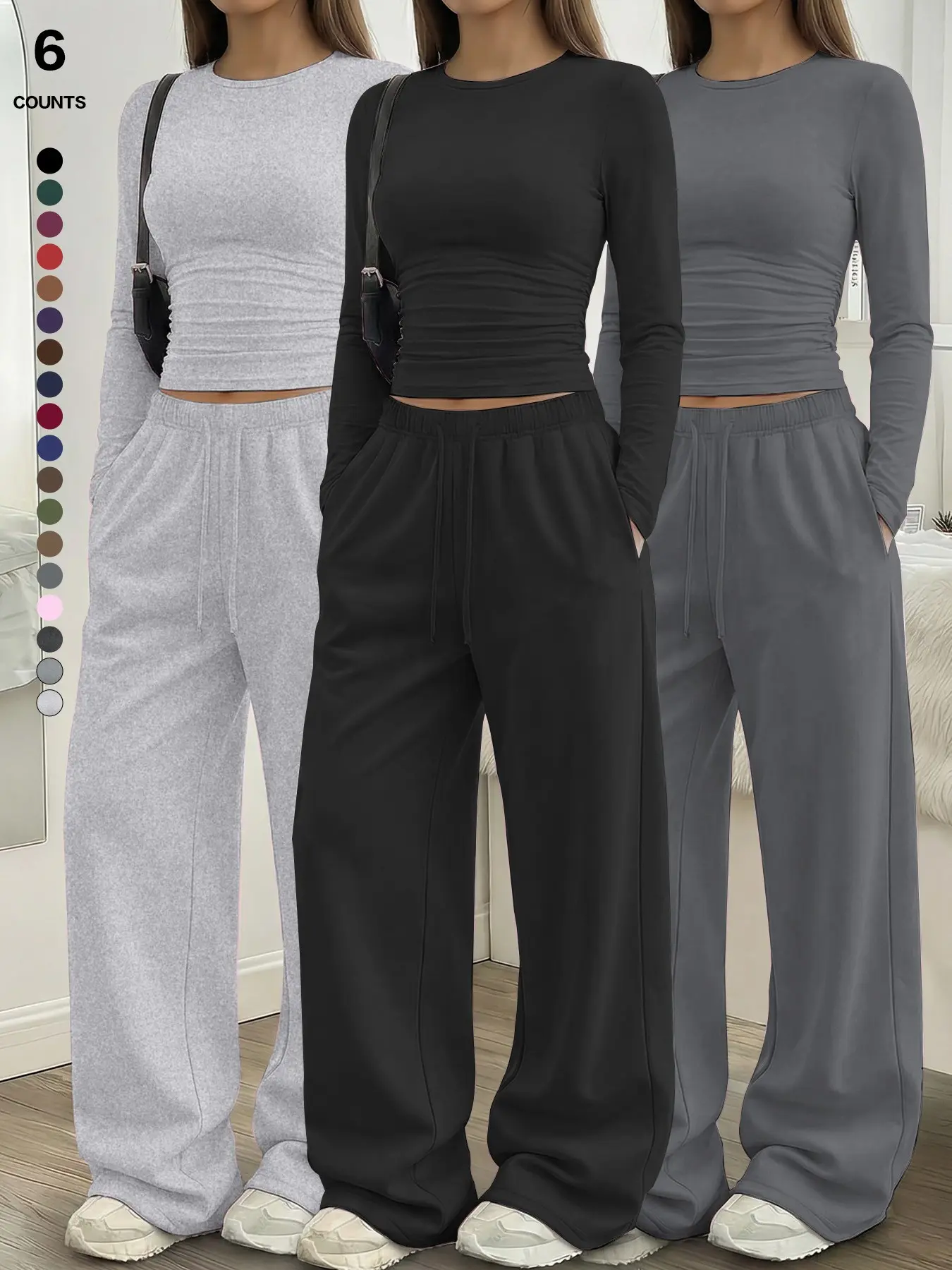 Women's Solid Ruched Drawstring Loungewear Set, Casual Long Sleeve Round Neck Top & Pocket Wide Leg Trousers, Spring Summer Sleepwear Pajama Set Women's Solid Ruched Drawstring Loungewear Set, Casual Long Sleeve Round Neck Top & Pocket Wide Leg Trousers, Spring Summer Sleepwear Pajama Set