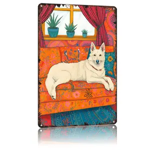 Vintage White Swiss German Shepherd Poster Funny White German Shepherd Dog Tin Sign-Metal Aluminum 8x12inch For Bathroom Bedroom Living Room Wall Decor