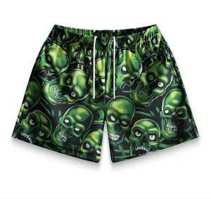Bravest Studios Skull Print Mesh Shorts, Green Graphic Basketball Style Shorts for Men, Streetwear Summer Bottoms